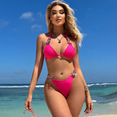 Rhinestone Sarong Triangle Halter High Leg Brazilian Three Piece Bikini Swimsuit